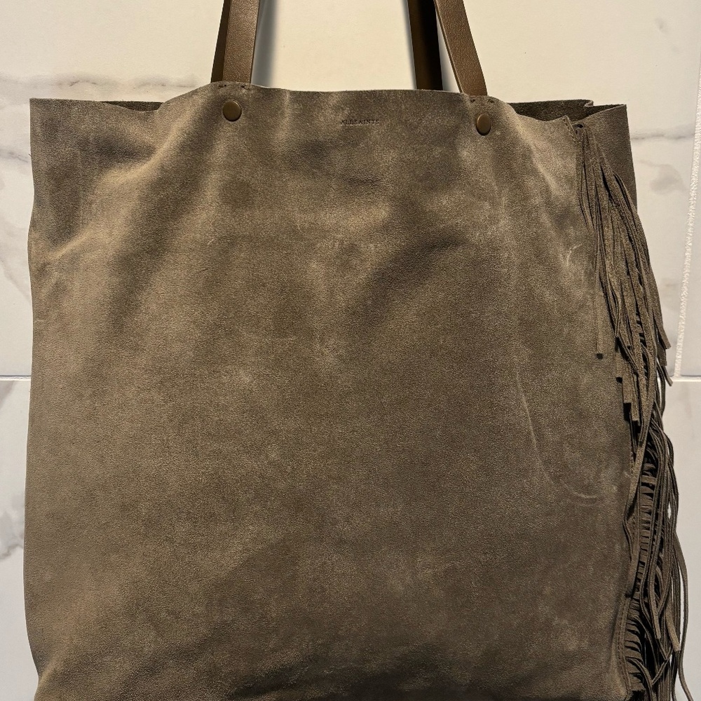 All Saints Suede Lea Fringe Tote in Gray